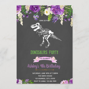Girl purple flower dinosaur invitation