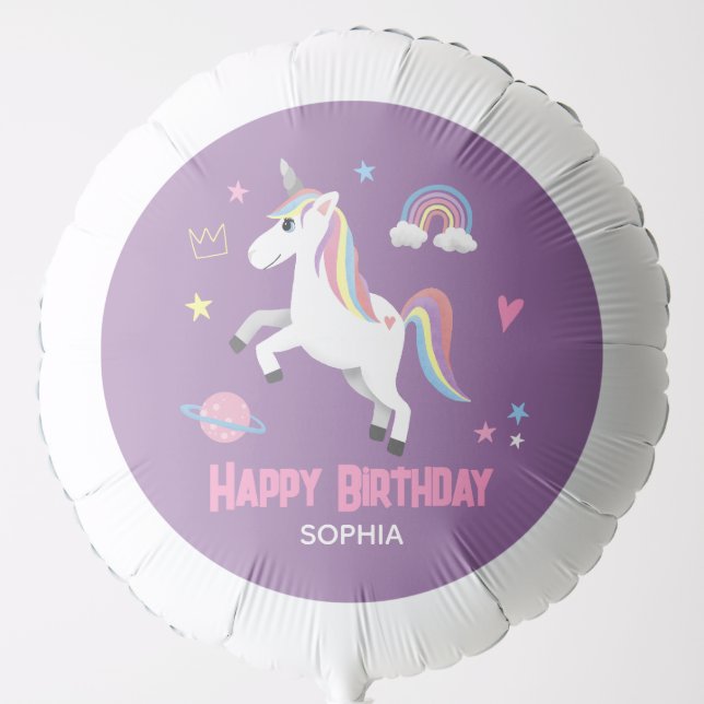 Girl Purple Magical Unicorn Kids Happy Birthday Balloon (Front)