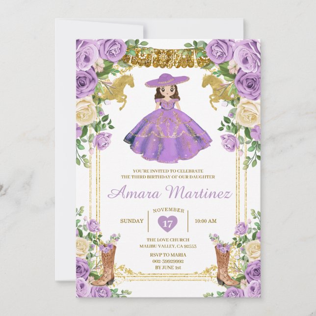 Girl Purple Mexican Dress 3rd Birthday Party  Invitation (Front)