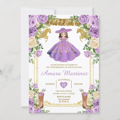 Girl Purple Mexican Dress 3rd Birthday Party  Invitation