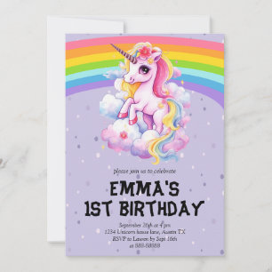 Girl Purple Rainbow Unicorn Girly 1st Birthday Invitation