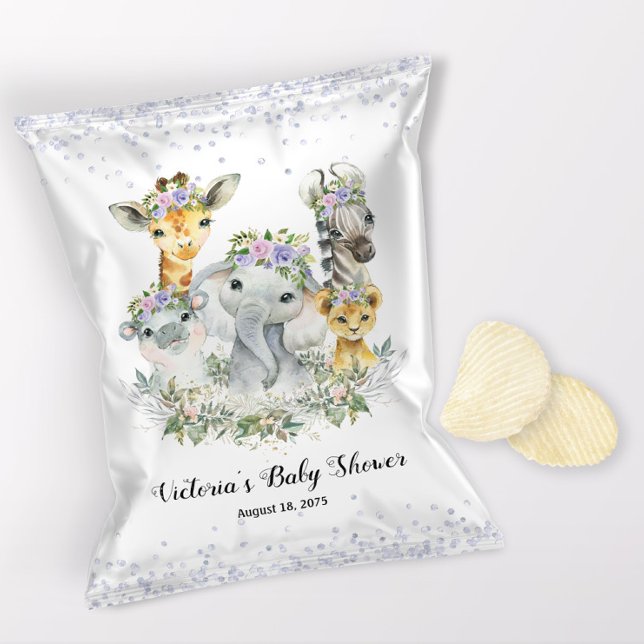 Girl Purple Safari Baby Shower Chip Bag Wrapper (1 ounce snack bag wrapper flyer. )