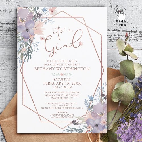 Girl Purple Watercolor Floral Baby Shower Invitation