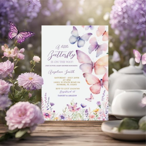 Girl Purple Wildflower Butterfly Baby Shower Invitation