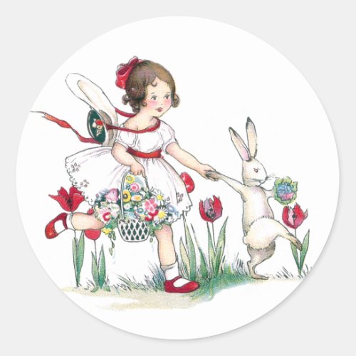 Girl Rabbit and Easter Flowers Classic Round Sticker