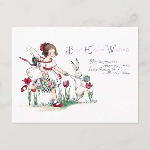 Girl Rabbit and Easter Flowers Holiday Postcard