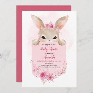 Girl Rabbit Baby Shower Pink Boho Rabbit Floral Invitation