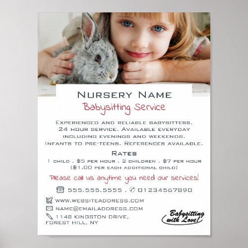 Girl  Rabbit Babysitter Daycare Nursery Advert Poster