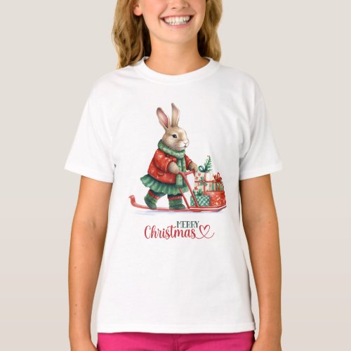 Girl Rabbit Bearing Christmas Gifts On Skis T_Shirt