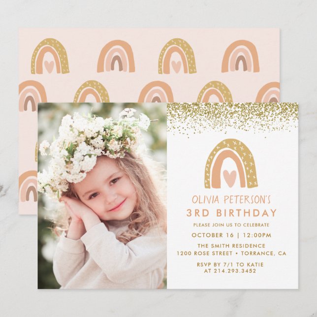 Girl Rainbow 3rd Birthday Photo Invitation (Front/Back)