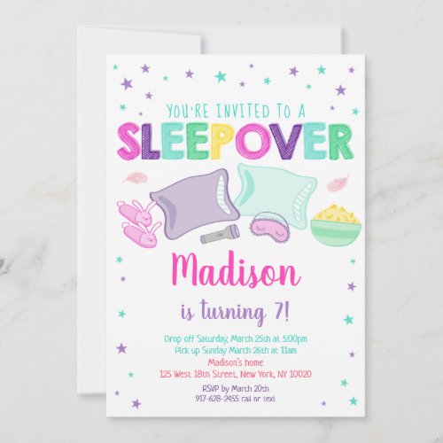 Girl Rainbow Sleepover Slumber Party Birthday Invitation