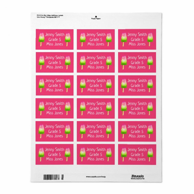 Girl raspberry popsicles name school book labels (Full Sheet)