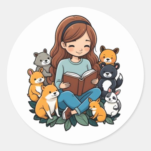 Girl reading a book classic round sticker