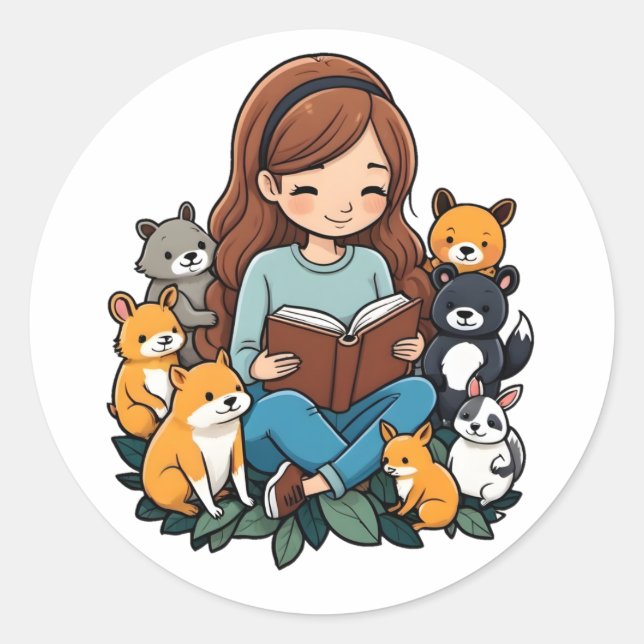 Girl reading a book classic round sticker (Front)