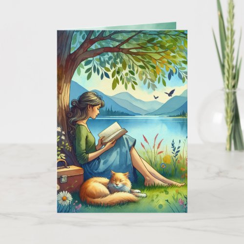 Girl Reading a Book  Thinking About You Card