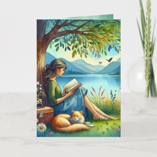 Girl Reading a Book under a Tree  Birthday Card