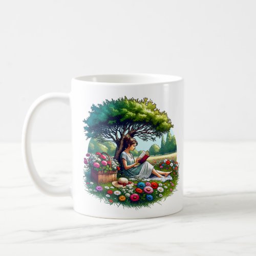 Girl Reading a Book under a Tree on a Relaxing Day Coffee Mug