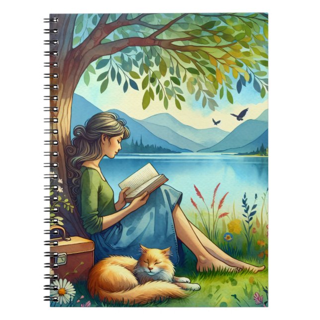 Girl Reading a Book under a Tree with a Sleepy Cat (Front)