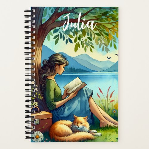 Girl Reading a Book under a Tree with a Sleepy Cat