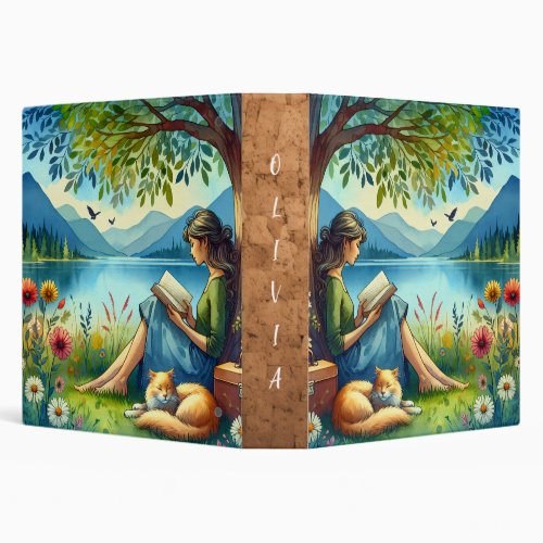 Girl Reading a Book under a Tree with a Sleepy Cat 3 Ring Binder