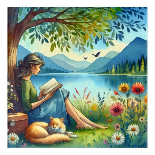 Girl Reading a Book under a Tree with a Sleepy Cat Acrylic Print
