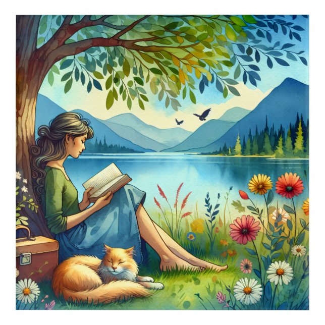 Girl Reading a Book under a Tree with a Sleepy Cat Acrylic Print (Front)