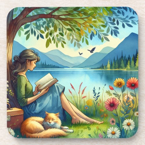 Girl Reading a Book under a Tree with a Sleepy Cat Beverage Coaster