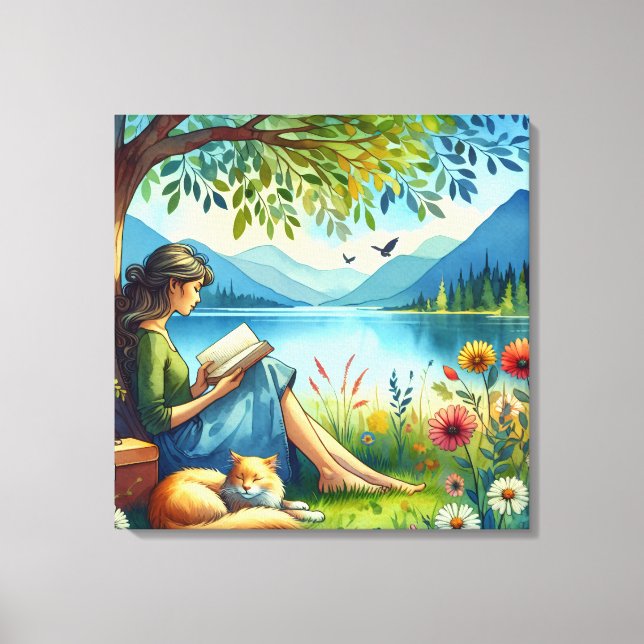 Girl Reading a Book under a Tree with a Sleepy Cat Canvas Print (Front)