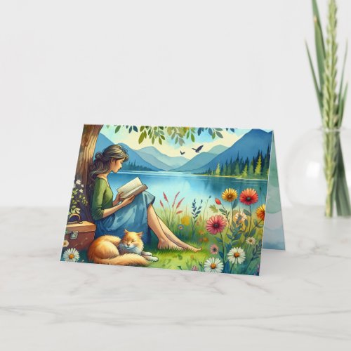 Girl Reading a Book under a Tree with a Sleepy Cat Card