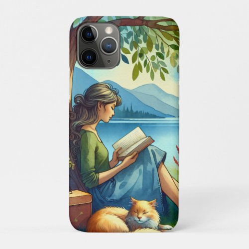 Girl Reading a Book under a Tree with a Sleepy Cat iPhone 11 Pro Case
