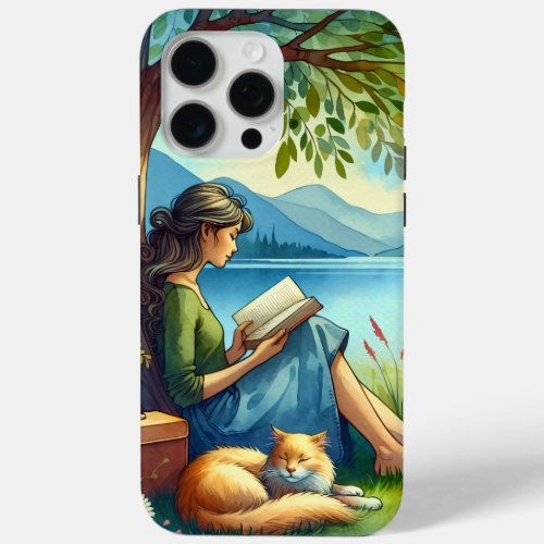 Girl Reading a Book under a Tree with a Sleepy Cat iPhone 15 Pro Max Case