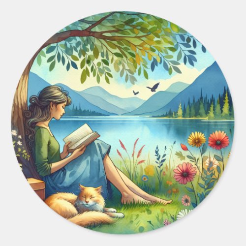 Girl Reading a Book under a Tree with a Sleepy Cat Classic Round Sticker
