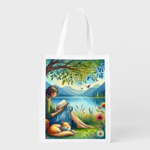 Girl Reading a Book under a Tree with a Sleepy Cat Grocery Bag