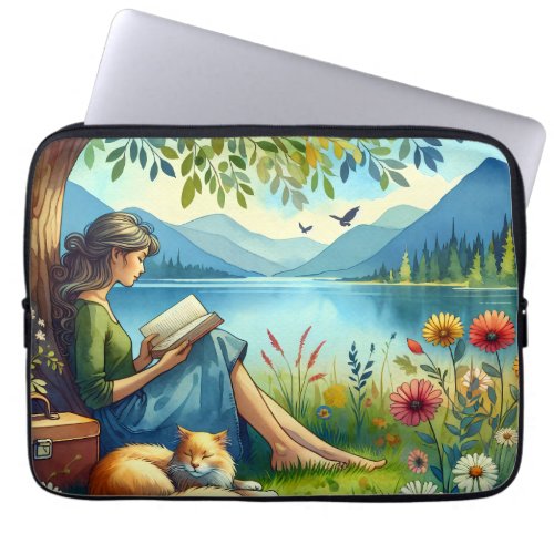 Girl Reading a Book under a Tree with a Sleepy Cat Laptop Sleeve