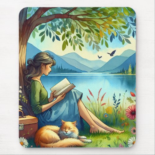 Girl Reading a Book under a Tree with a Sleepy Cat Mouse Pad