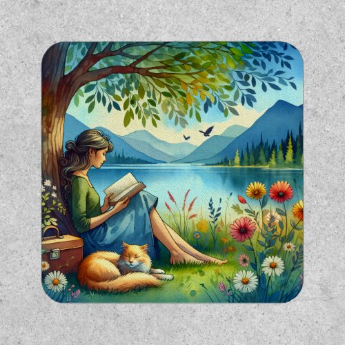 Girl Reading a Book under a Tree with a Sleepy Cat Patch