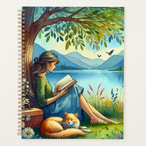 Girl Reading a Book under a Tree with a Sleepy Cat Planner