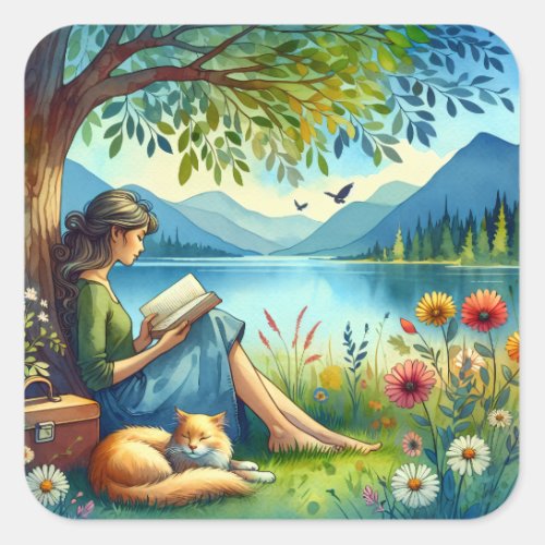 Girl Reading a Book under a Tree with a Sleepy Cat Square Sticker