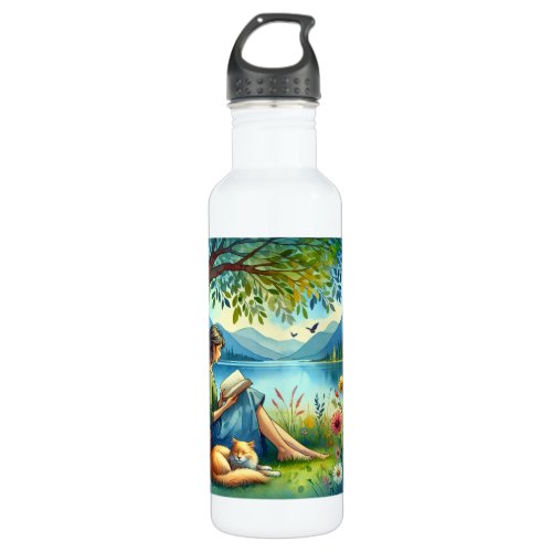 Girl Reading a Book under a Tree with a Sleepy Cat Stainless Steel Water Bottle