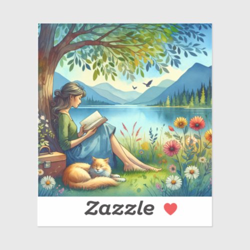 Girl Reading a Book under a Tree with a Sleepy Cat Sticker