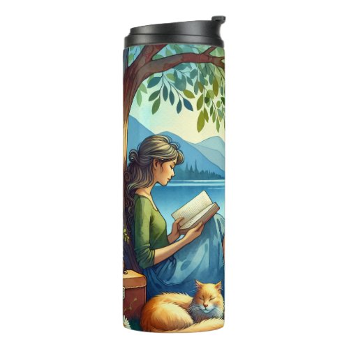 Girl Reading a Book under a Tree with a Sleepy Cat Thermal Tumbler