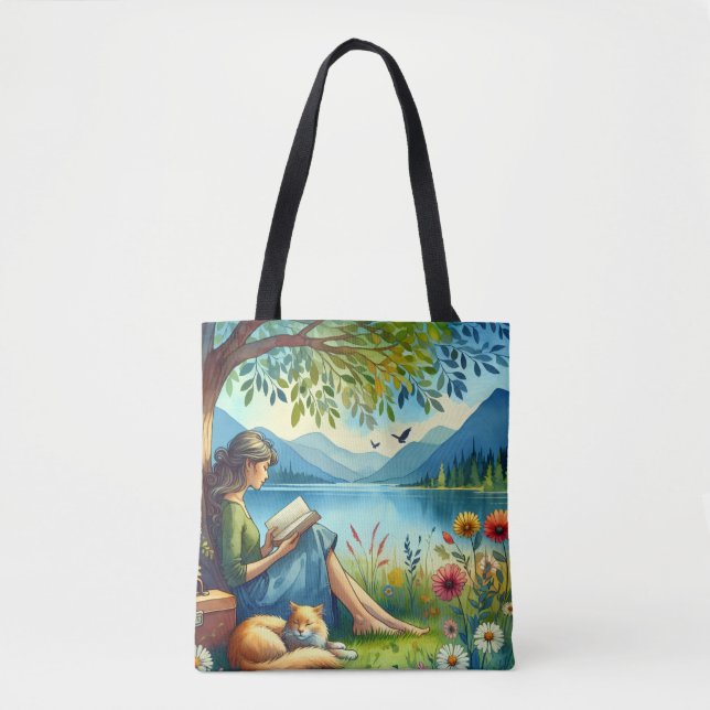 Girl Reading a Book under a Tree with a Sleepy Cat Tote Bag (Front)