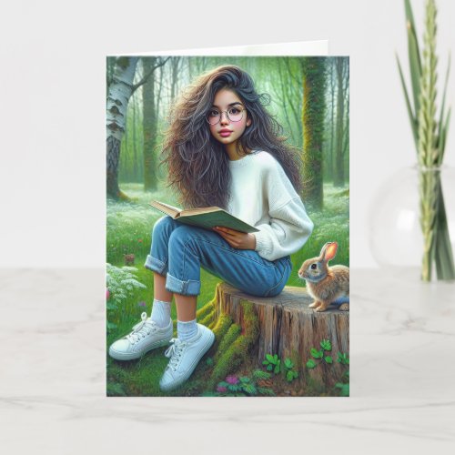 Girl Reading A Book With Rabbit Card