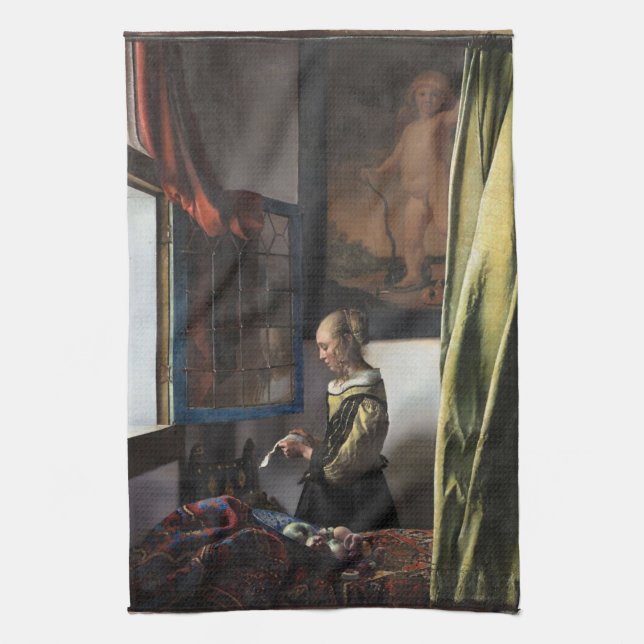 Girl Reading a Letter at an Open Window, Vermeer Kitchen Towel (Vertical)
