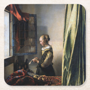 Girl Reading a Letter at an Open Window, Vermeer Square Paper Coaster