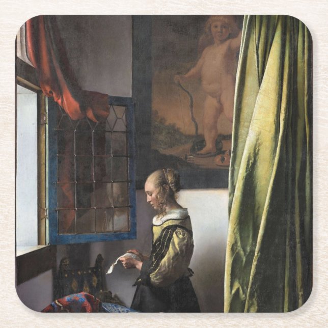 Girl Reading a Letter at an Open Window, Vermeer Square Paper Coaster (Front)