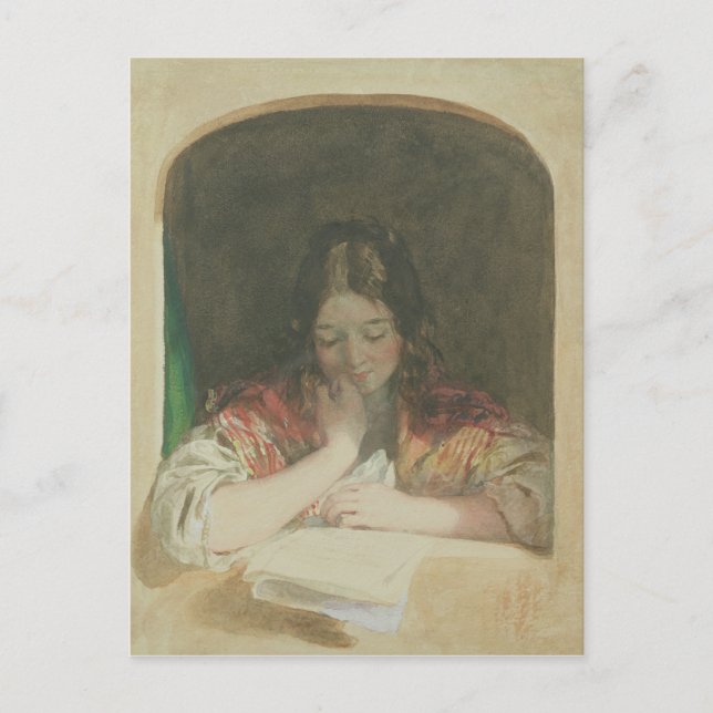 Girl Reading at a Window, 19th century Postcard (Front)