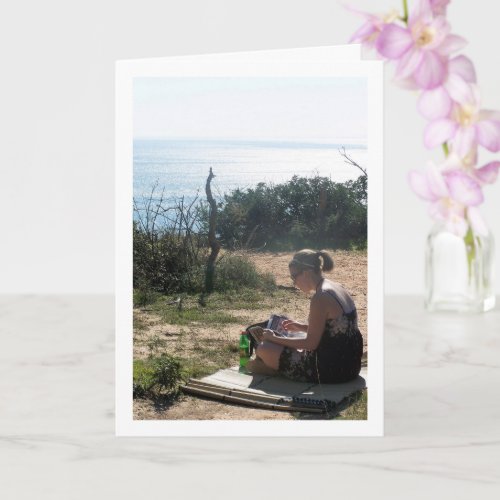 Girl Reading at Beach Card