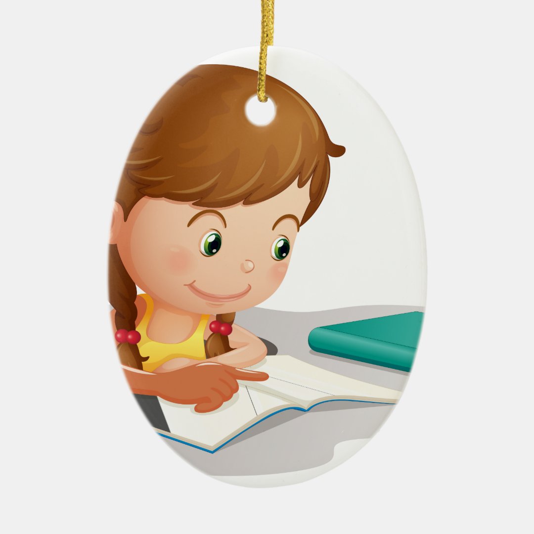 girl reading book ceramic ornament Zazzle