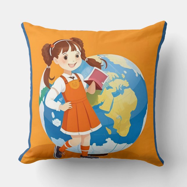 Girl Reading Book Globe Study Room Throw Pillow (Front)